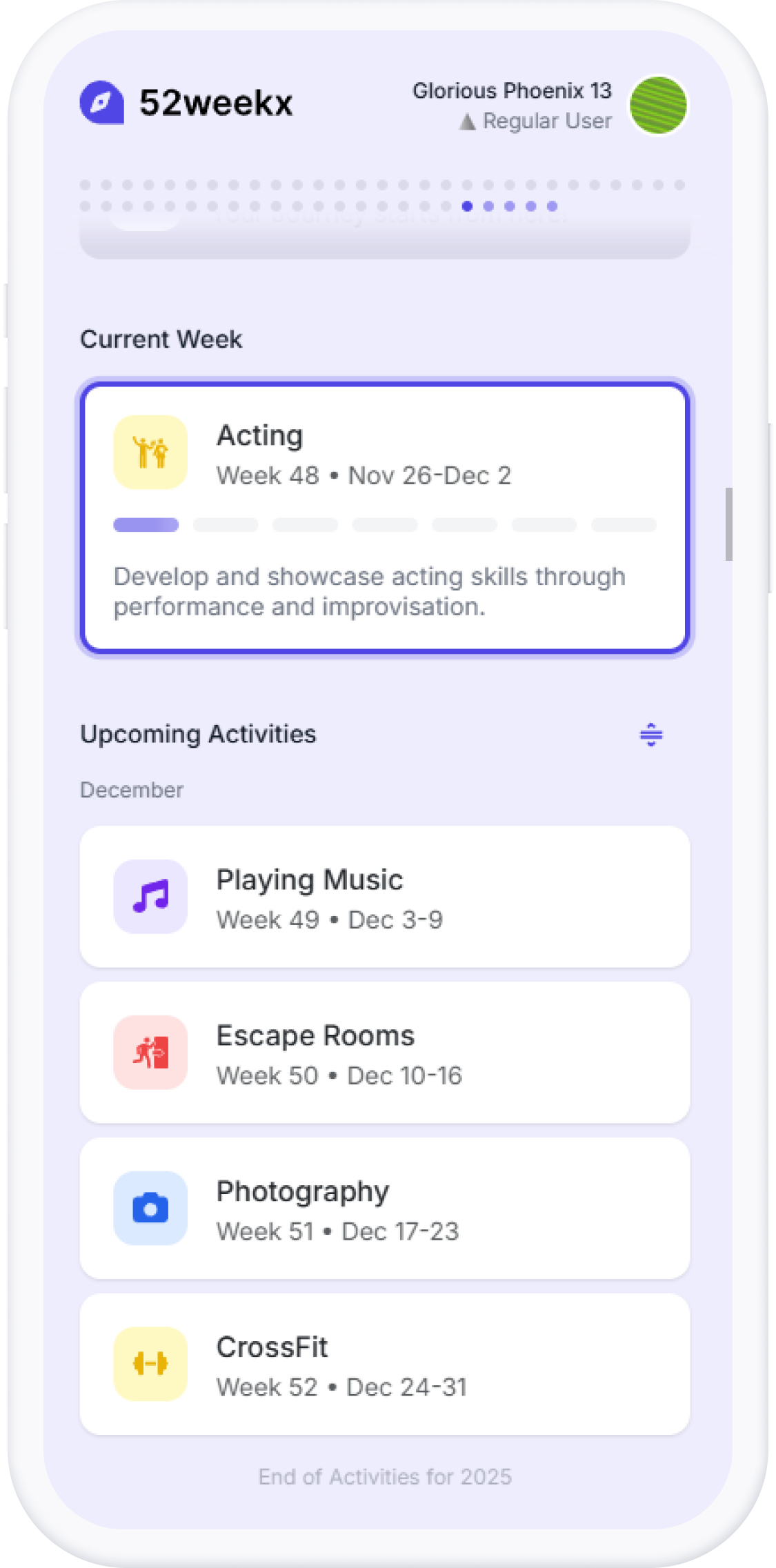 App interface for adding activities